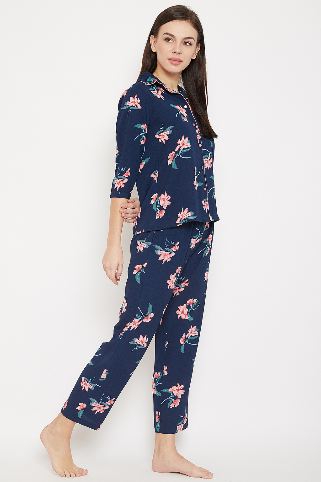Clovia Pretty Florals Button Down Shirt & Pyjama Set In Navy - Crepe